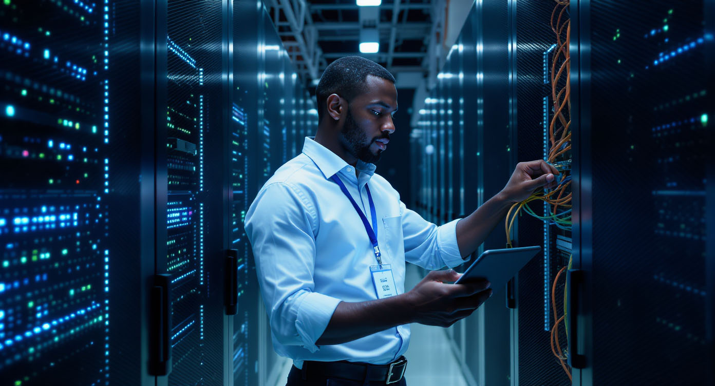 Technology professional working in modern data center